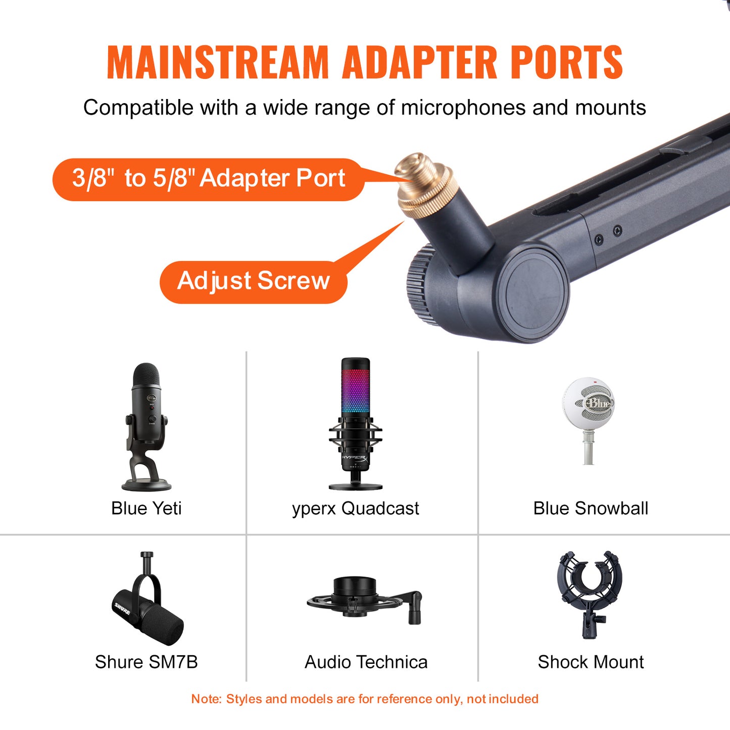 VEVOR Microphone Boom Arm With Desk Mount, Rotatable, Adjustable Mic Stand With Adapter Port Headset Hook, For Blue Hyperx Quadcast Blue Snowball Shure SM7B Audio Technica